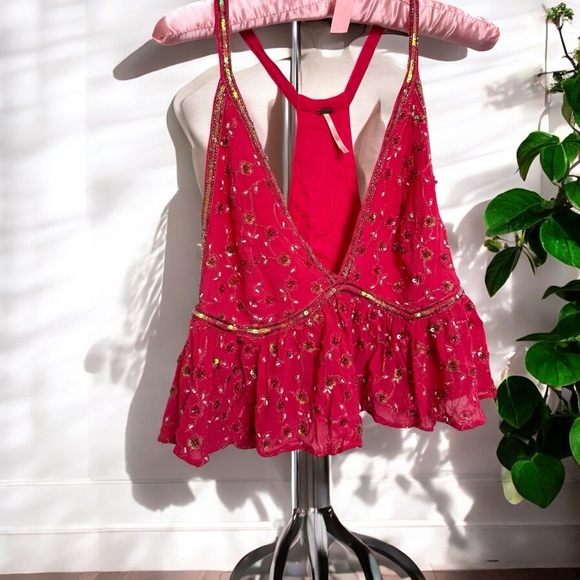 Free People Beaded Starry Nights Pink Gold Sequin Boho Fairycore Festival S - Picture 2 of 9